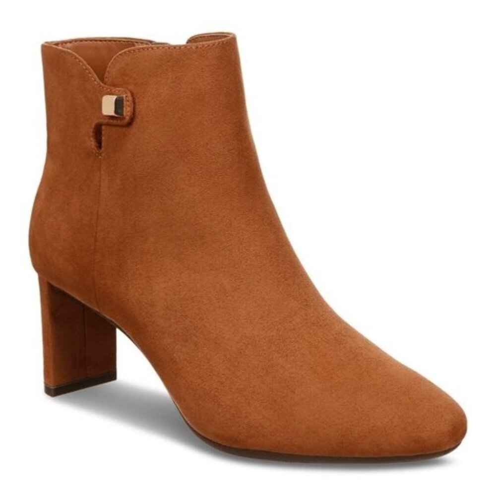 Alfani Womens Brown Hardware Accent Padded Paam Almond Toe Block Heel Zip-up Dre